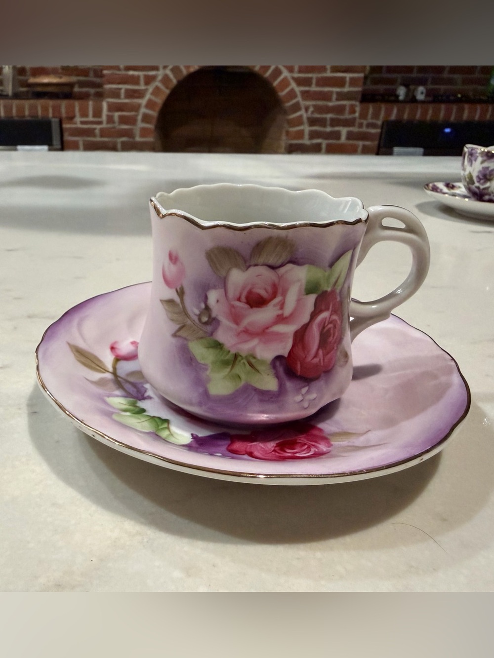Hand-Painted Floral Teacup and Saucer in Lavender and Pink